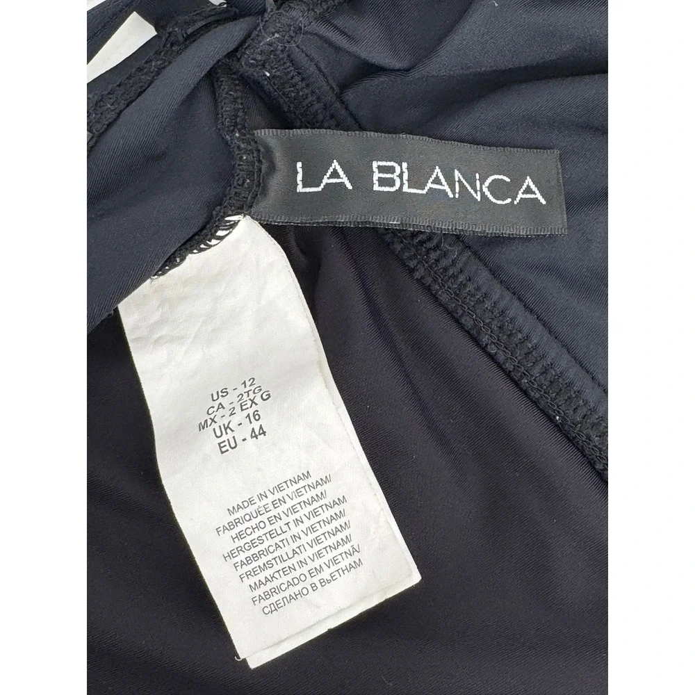 La Blanca Sz 12 Black V-Neck One-Piece Swimsuit Ruched Criss Cross Back Straps